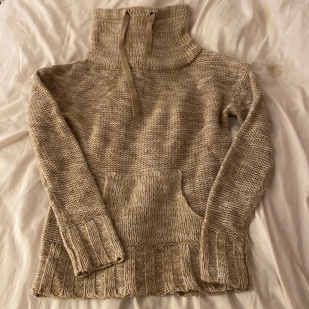 Cowl neck knit sweater with drawstrings